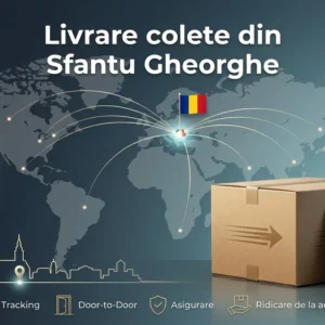 Serviciu premium de livrare colete și documente din Sfantu Gheorghe către Kosovo. Grafică Rom Curier ilustrând tranzitul global cu reducere de 40%