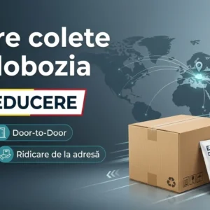 Serviciu premium de livrare colete și documente din Slobozia către Kosovo. Grafică Rom Curier ilustrând tranzitul global cu reducere de 40%